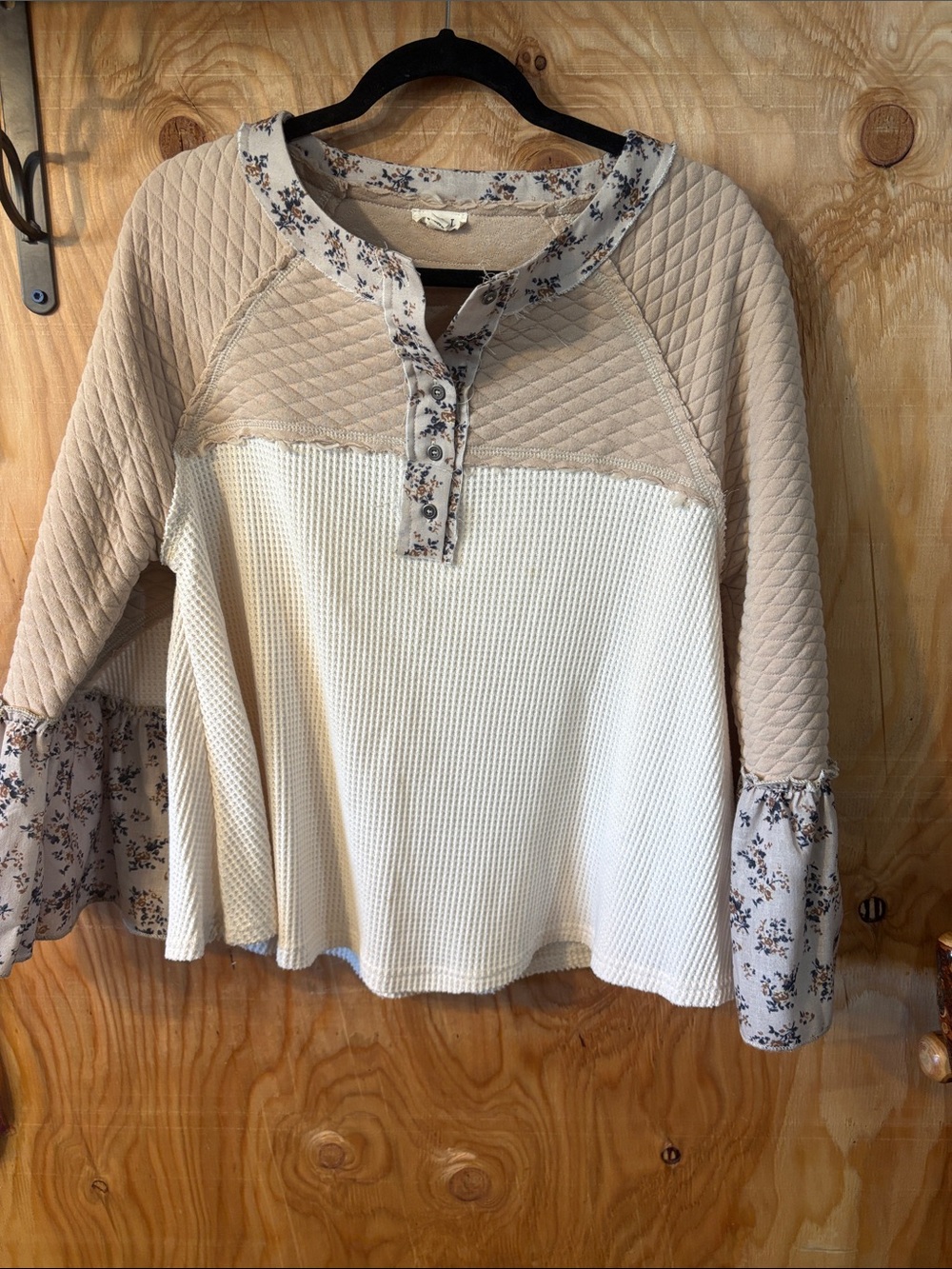 Beige & Cream Quilted Waffle Knit Henley Top
